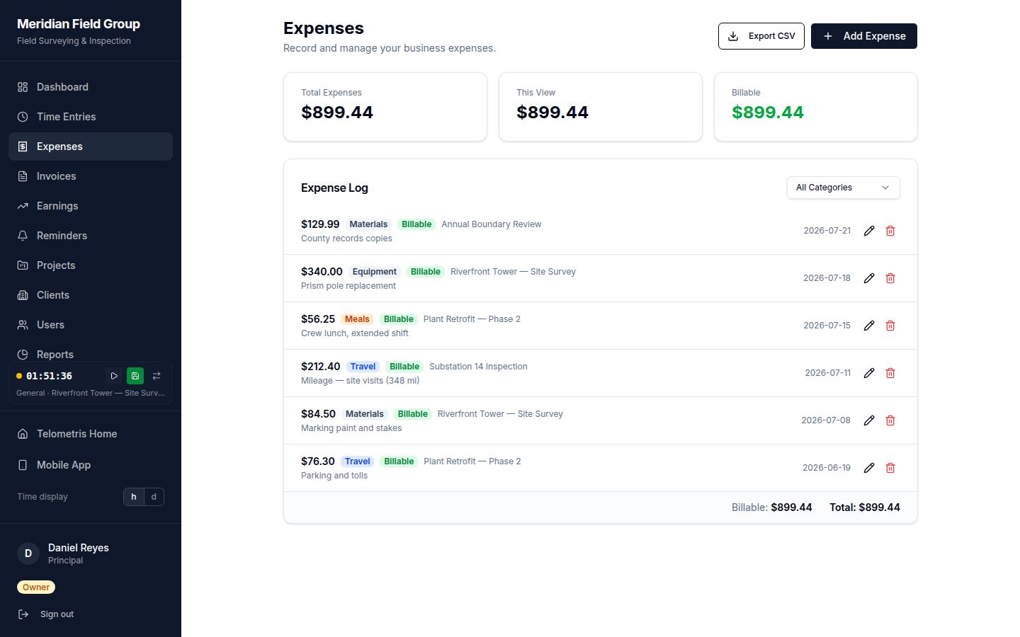 Telometris expense log with categorized, billable expenses tied to projects