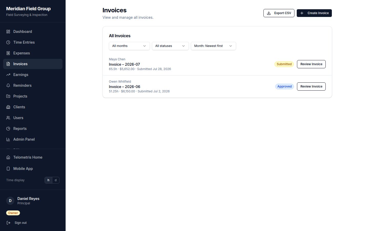 Telometris invoices page showing submitted and approved monthly invoices awaiting review