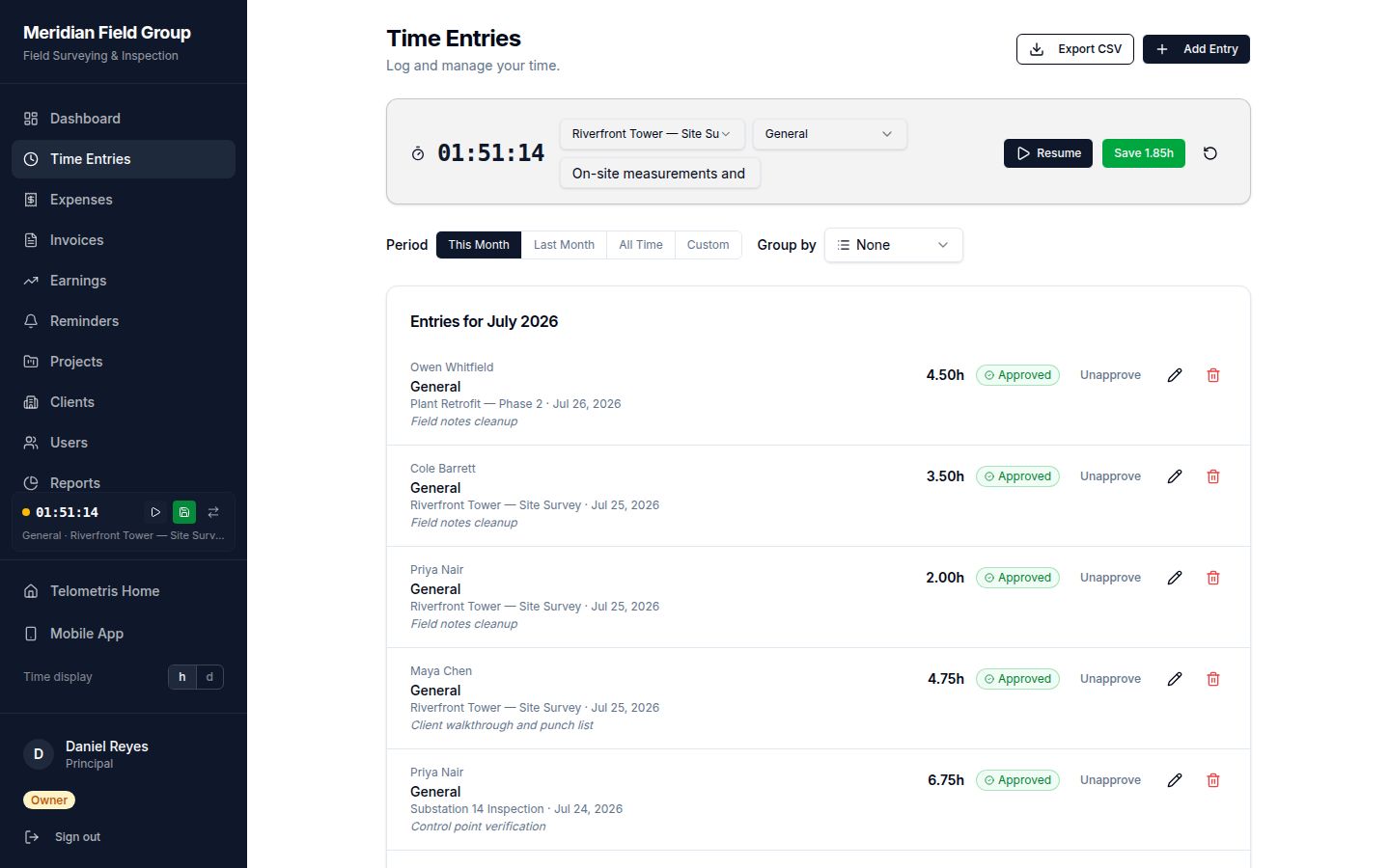 Telometris time entries page with a live running timer and a list of approved time entries